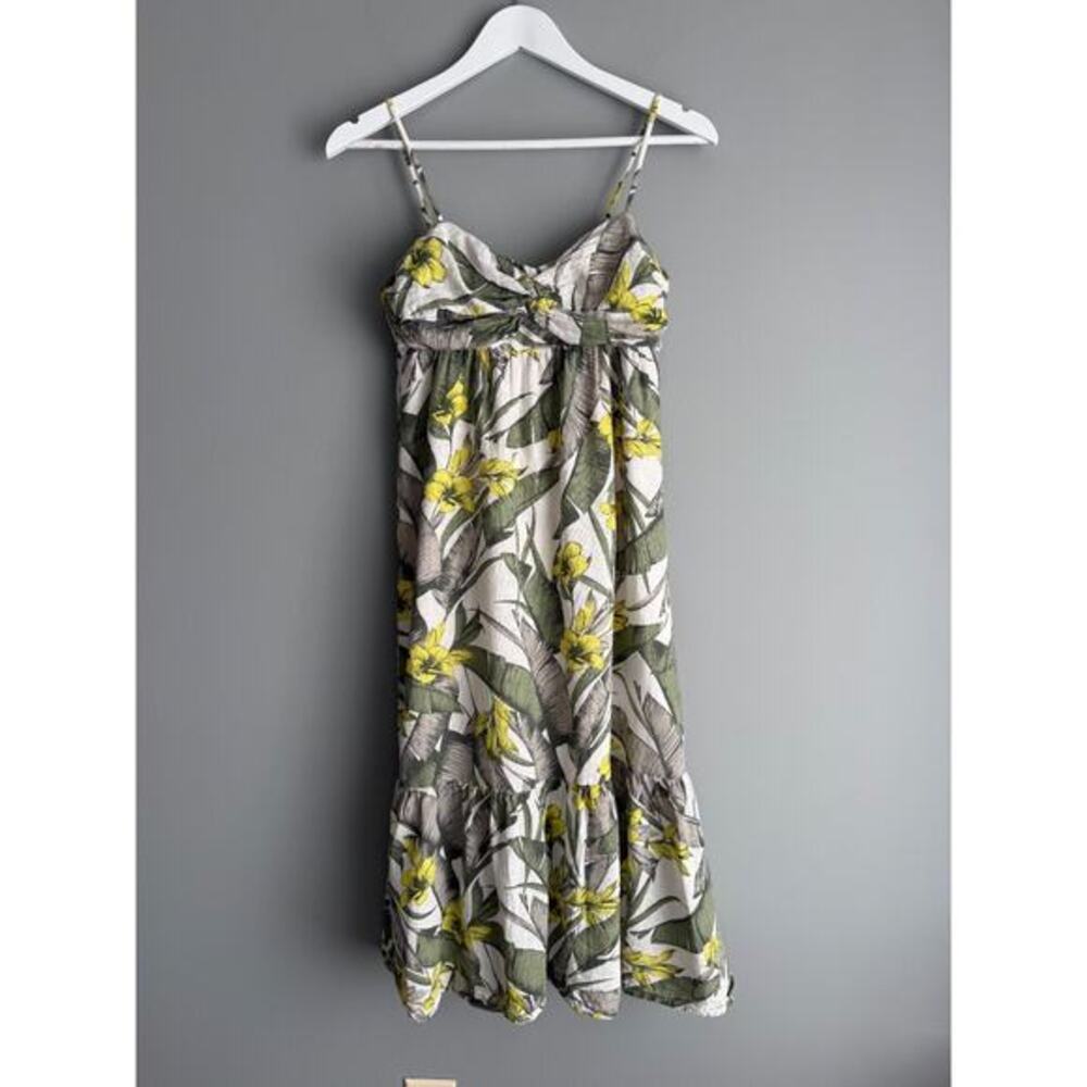 Banana Republic Linen Dress Size 0/XS Yellow Floral Smocked Twist Front Midi